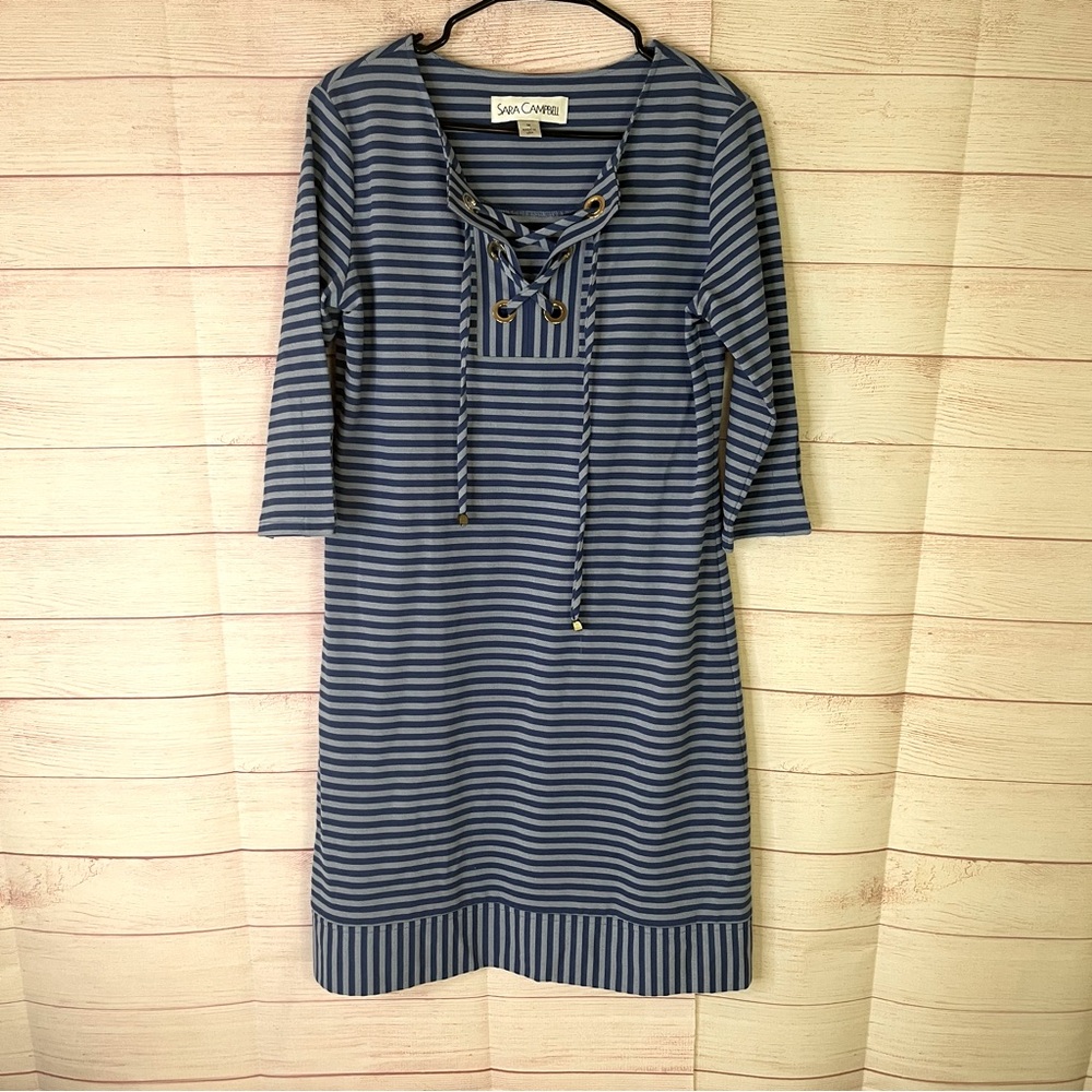 Sara Campbell Blue Striped Lace Up Gold‎ Ring 3/4 Sleeves Dress Size Medium